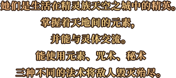 她们是生活在精灵族天空之城中的精英。掌握着天地间的元素,并能与灵体交流。能使用元素、咒术、秘术三种不同的法术将敌人毁灭殆尽。